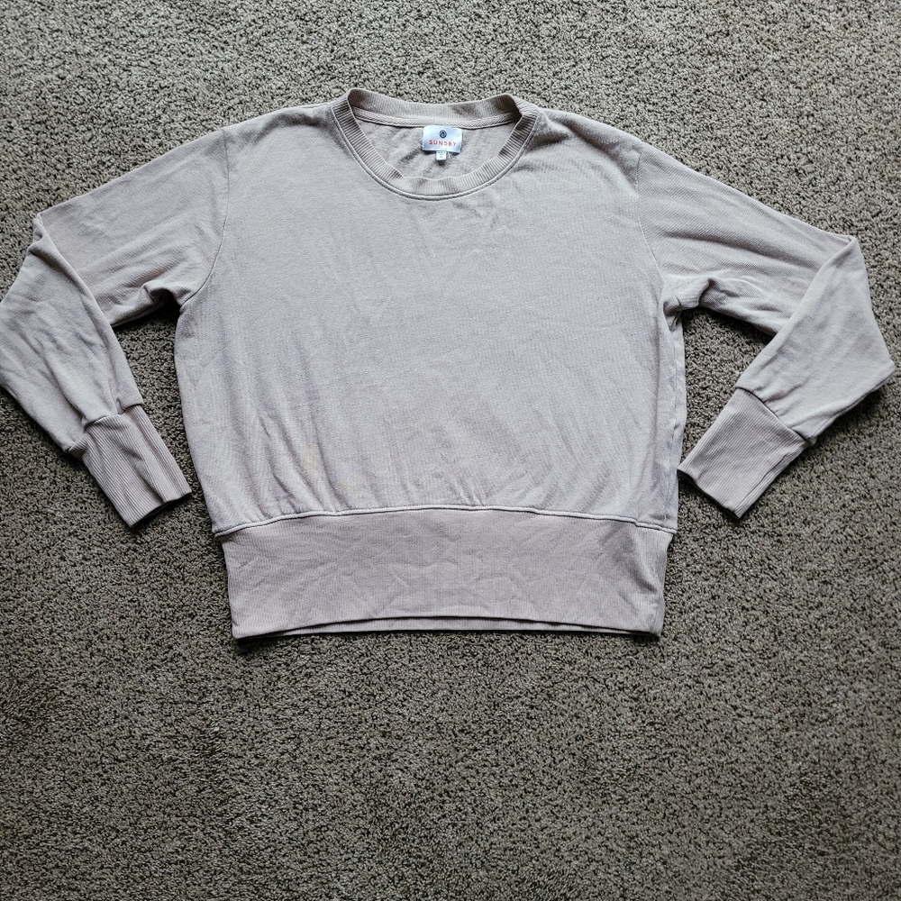 Sundry Women's Sweater 0 XS Beige Tan Crew Neck Large Cuff Loungewear Casual